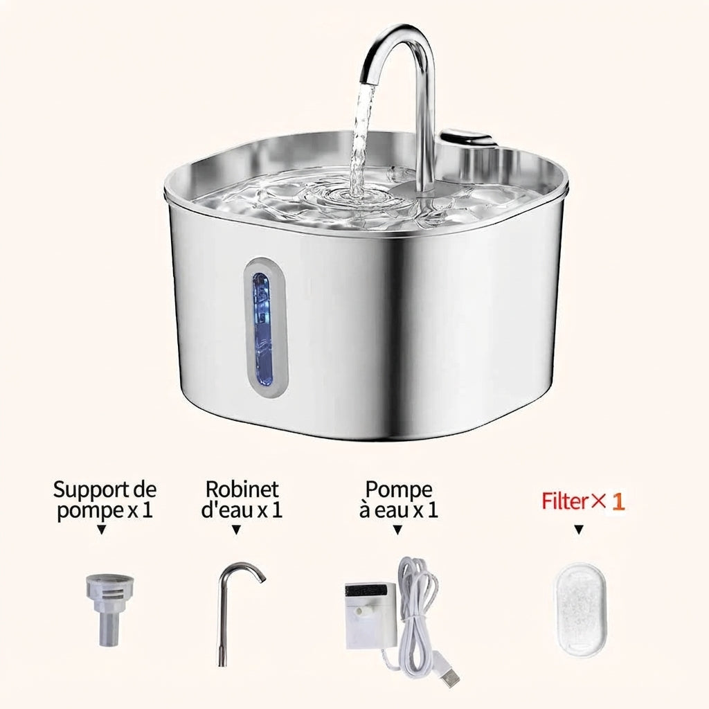 Fontaine à eau pour chat 2,2L en inox - Silencieuse avec filtre