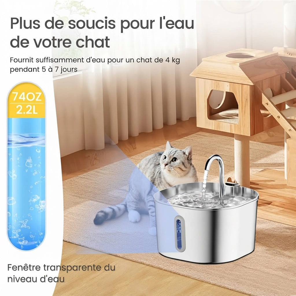 Fontaine à eau pour chat 2,2L en inox - Silencieuse avec filtre