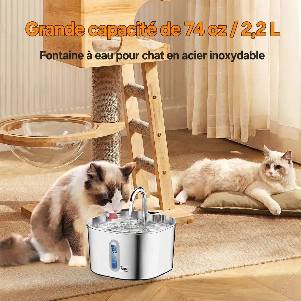 Fontaine à eau pour chat 2,2L en inox - Silencieuse avec filtre