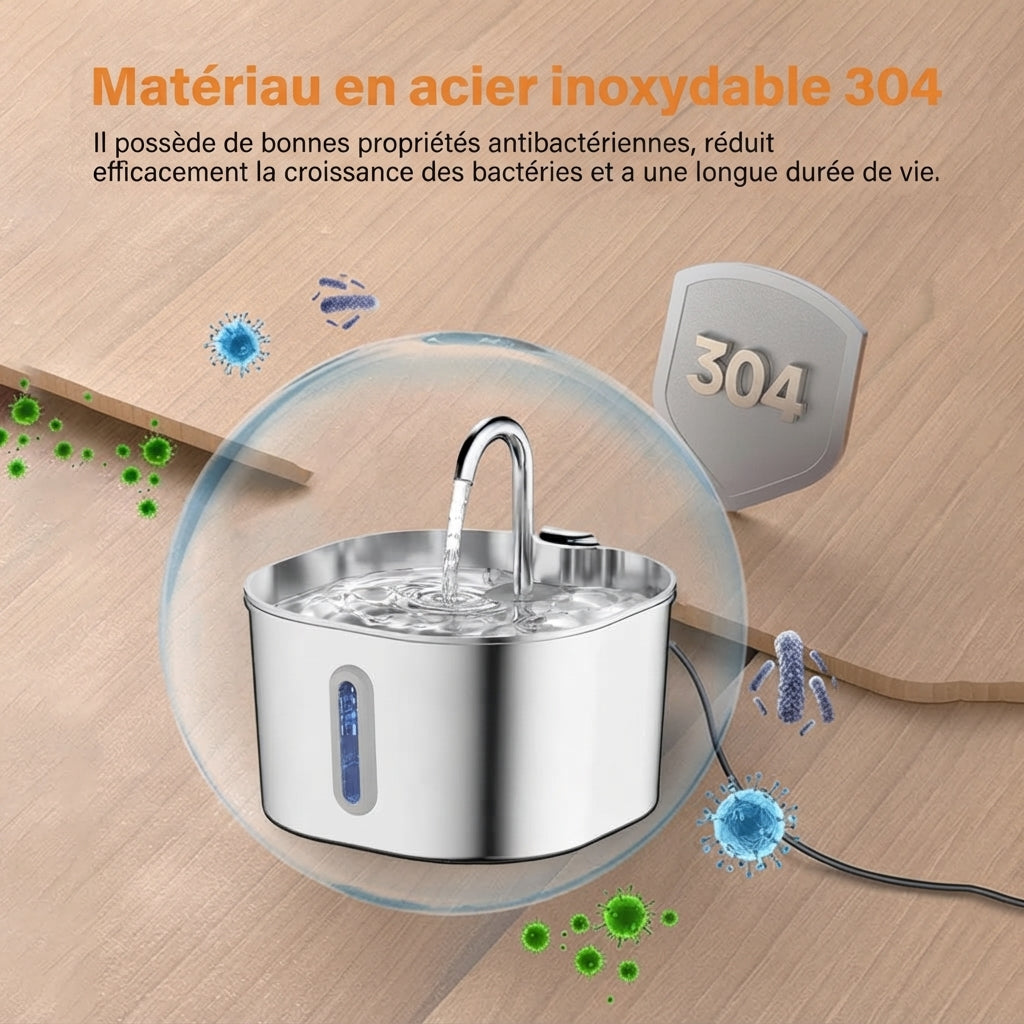 Fontaine à eau pour chat 2,2L en inox - Silencieuse avec filtre